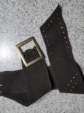 Wide Brown Suede Belt with Brass Square Buckle